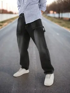 Urbano Fashion Men Black Loose Baggy Fit Carpenter Cargo Jeans & 6 Pockets Non-Stretchable