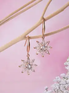 Jazz and Sizzle Rhodium-Plated American Diamond Studded Floral Shaped Drop Earrings