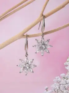 Jazz and Sizzle Rhodium-Plated American Diamond Studded Floral Shaped Drop Earrings