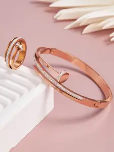 GC PREMIUM JEWELLERY Rose Gold-Plated Cubic Zirconia-Studded Nail Bracelet & Ring Set
