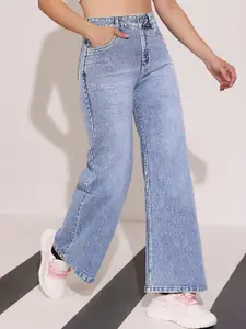 DOLCE CRUDO Beat The Heat Women Wide Leg High-Rise Heavy Fade Stretchable Jeans