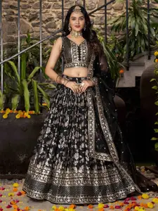 FABPIXEL Embroidered Sequinned Semi-Stitched Lehenga & Unstitched Blouse With Dupatta
