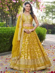 FABPIXEL Embroidered Sequinned Semi-Stitched Lehenga & Unstitched Blouse With Dupatta