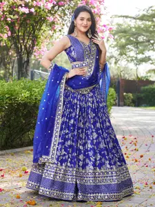 FABPIXEL Embroidered Sequinned Silk Semi-Stitched Lehenga & Unstitched Blouse With Dupatta