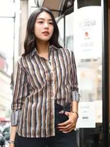 Athena Relaxed Striped Spread Collar Cotton Casual Shirt