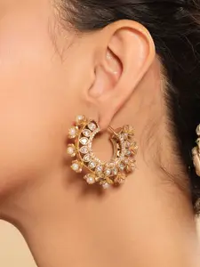 Yinara Gold-Plated Pearls Beaded & Kundan Studded Circular Shape Hoop Earrings