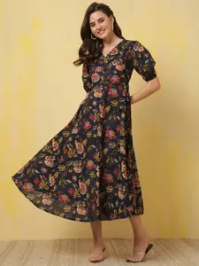 Nayo Women Floral Print Puff Sleeve Fit & Flare Midi Dress
