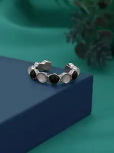 Carlton London Silver Plated White and Black Fancy Bead Adjustable Band Ring