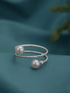 Carlton London Silver Plated Double Band Pearl Adjustable Ring