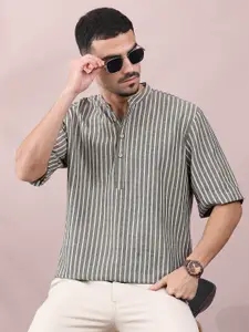 FILORI STUDIO Striped Band Collar Pure Cotton Short Kurta