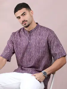 FILORI STUDIO Striped Band Collar Pure Cotton Short Kurta