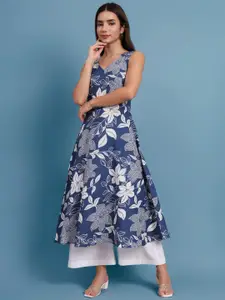 DHAKRE FASHION Floral Printed V-Neck A-Line Cotton Kurta