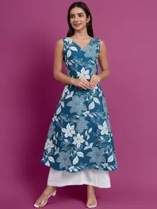DHAKRE FASHION Floral Printed V-Neck Sleeveless Pure Cotton A-Line Kurta