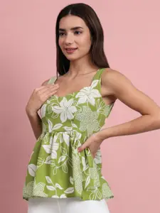 DHAKRE FASHION Floral Print Sweetheart Neck Cotton Peplum Top