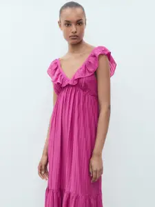 MANGO Self-Striped Flutter Sleeve Ruffled Empire Midi Dress