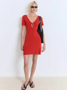 MANGO Tie-Up V-Neck Knitted A-Line Dress