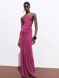 MANGO Strapless Ruched Side Slit Maxi Dress