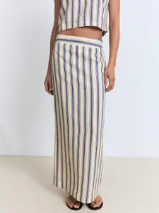 MANGO Striped Back Slit Linen Straight Maxi Skirt