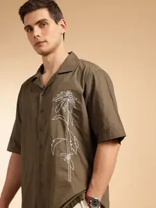 French Connection Men Premium Oversized Floral Embroidered Pure Cotton Casual Shirt