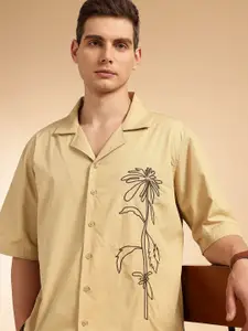 French Connection Men Premium Oversized Floral Embroidered Pure Cotton Casual Shirt