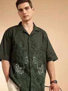 French Connection Men Premium Oversized Floral Embroidered Pure Cotton Casual Shirt