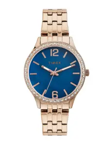 Timex Women Brass Embellished Dial & Stainless Steel Bracelet Style Straps Analogue Watch