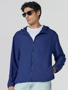 XYXX Men Solid Ozone UV Protection Polyester Quick Dry Estate Blue Hooded Parka Jacket