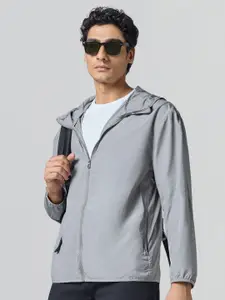 XYXX Men Solid Ozone UV Protection Polyester Quick Dry Ash Grey Hooded Parka Jacket