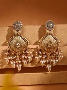 ADIVA Gold-Plated Artificial Stones Studded & Beaded Antique Floral Shaped Drop Earrings