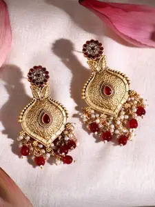 ADIVA Gold-Plated Artificial Stones Studded & Beaded Antique Floral Shaped Drop Earrings