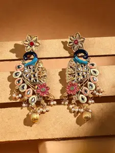ADIVA Gold-Plated Artificial Stones Studded & Beaded Peacock Shaped Drop Earrings