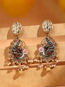 ADIVA Gold-Plated Artificial Stones Studded & Beaded Peacock Shaped Drop Earrings