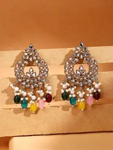ADIVA 18K Gold-Plated Artificial Stones Studded & Beaded Crescent Shaped Chandbalis