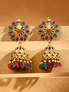 ADIVA Gold-Plated Artificial Stones Studded & Beaded Antique Dome Shaped Jhumkas