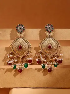 ADIVA Gold-Plated Stones Studded & Beaded Floral Shaped Antique Drop Earrings