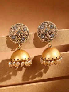 ADIVA Gold-Plated Artificial Stones Studded & Beaded Dome Shaped Jhumkas