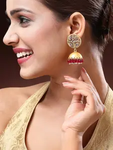 ADIVA Gold-Plated Artificial Stones Studded & Beaded Dome Shaped Jhumkas