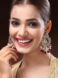 ADIVA 18K Gold-Plated Artificial Stones Studded & Beaded Crescent Shaped Chandbalis