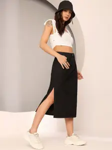 DOLCE CRUDO Straight High Rise Clean Look Stretchable Denim Midi Skirt