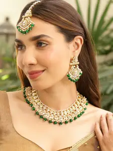 Rubans 22K Gold-Plated White Kundan & Green-White Pearl Beaded Handcrafted Necklace Set