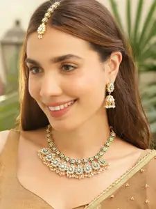 Rubans 22K Gold-Plated Green Enamel Pearl Bead Accents Kundan Studded Necklace Set