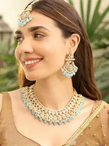 Rubans 22K Gold-Plated Kundan Studded Necklace Set with White Pearls & Blue Bead Drops
