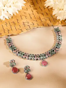 Rubans Oxidised Silver-Plated Pastel Pink & Green Kundan Studded Necklace Set with Drops