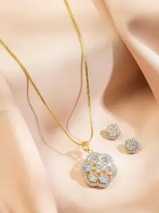 Rubans 22K Gold-Plated White Cubic Zirconia Floral Pendant Necklace Set