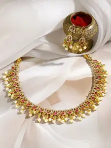 Rubans 22K Gold-Plated Ruby Red & Emerald Green Stone Studded Pearl Beaded Necklace Set