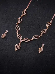 Anouk Gold-Toned Ruby & Green Stone Leaf Motif Necklace Set with Stud Earrings