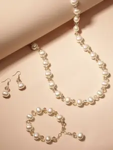 Mansiyaorange Pearl Beaded Necklace, Bracelet & Stud Earrings