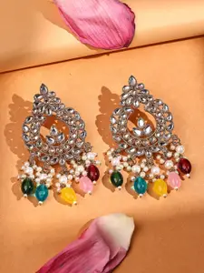 ADIVA Gold-Plated  Royal Kundan Studded And Pearls Beaded Teardrop Shaped Chandbalis