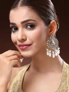 ADIVA Gold-Plated  Royal Kundan Studded And Pearls Beaded Teardrop Shaped Chandbalis