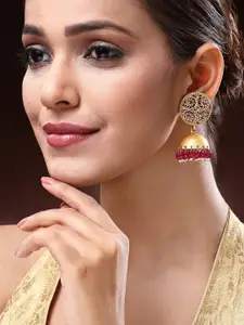 ADIVA Gold-Plated Artificial Stones Studded And Beaded Dome Shaped Jhumkas